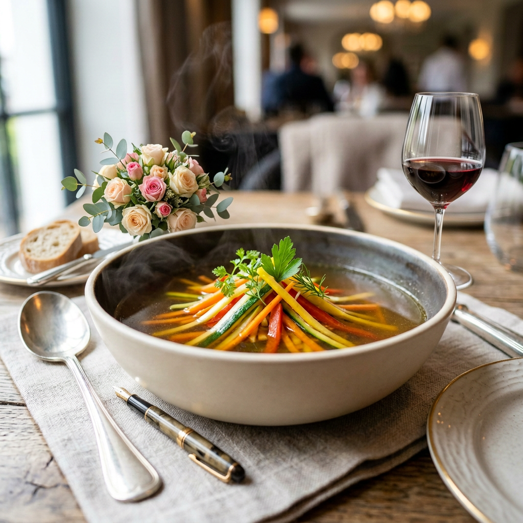 Elegant golden consommé with colorful vegetables