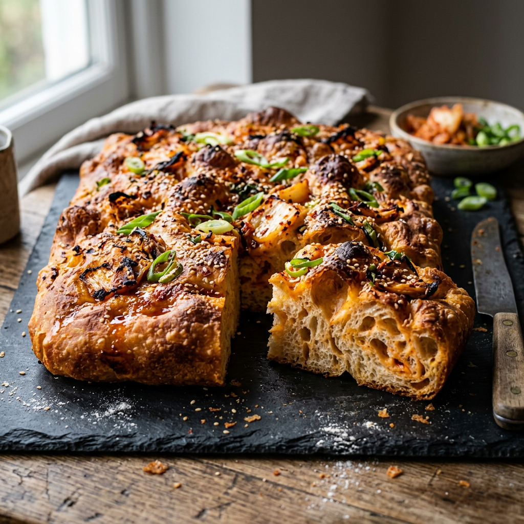 Sliced golden focaccia topped with roasted vegetables, sesame seeds, and scallions
