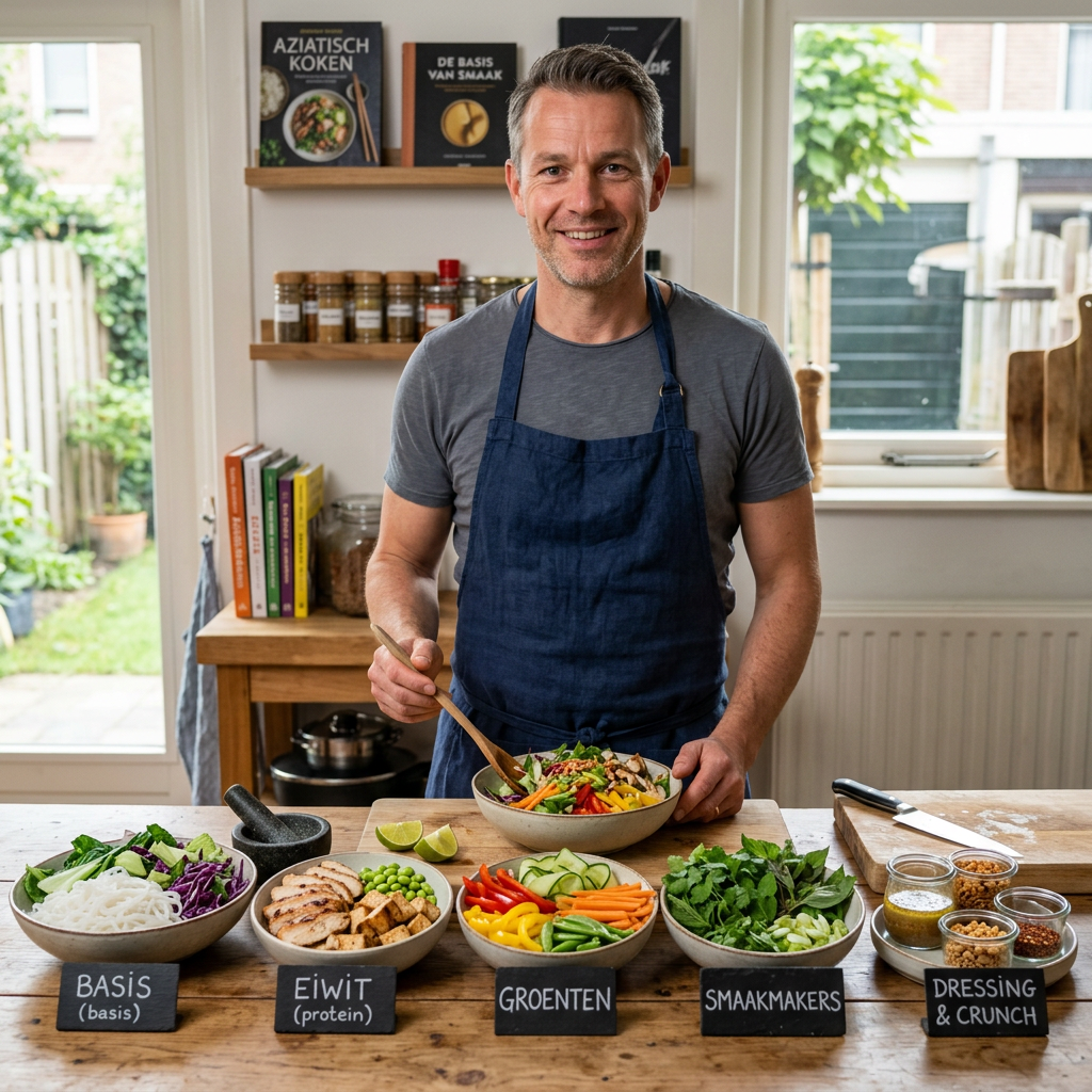 Smiling cook preparing a colorful bowl with labeled ingredients and toppings