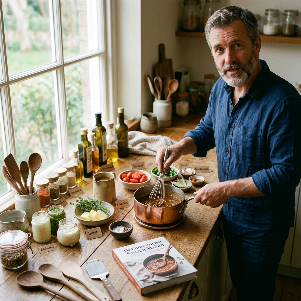 Man whisking sauce beside labeled ingredients and cookbook titled De Kunst van het Sauzen Maken
