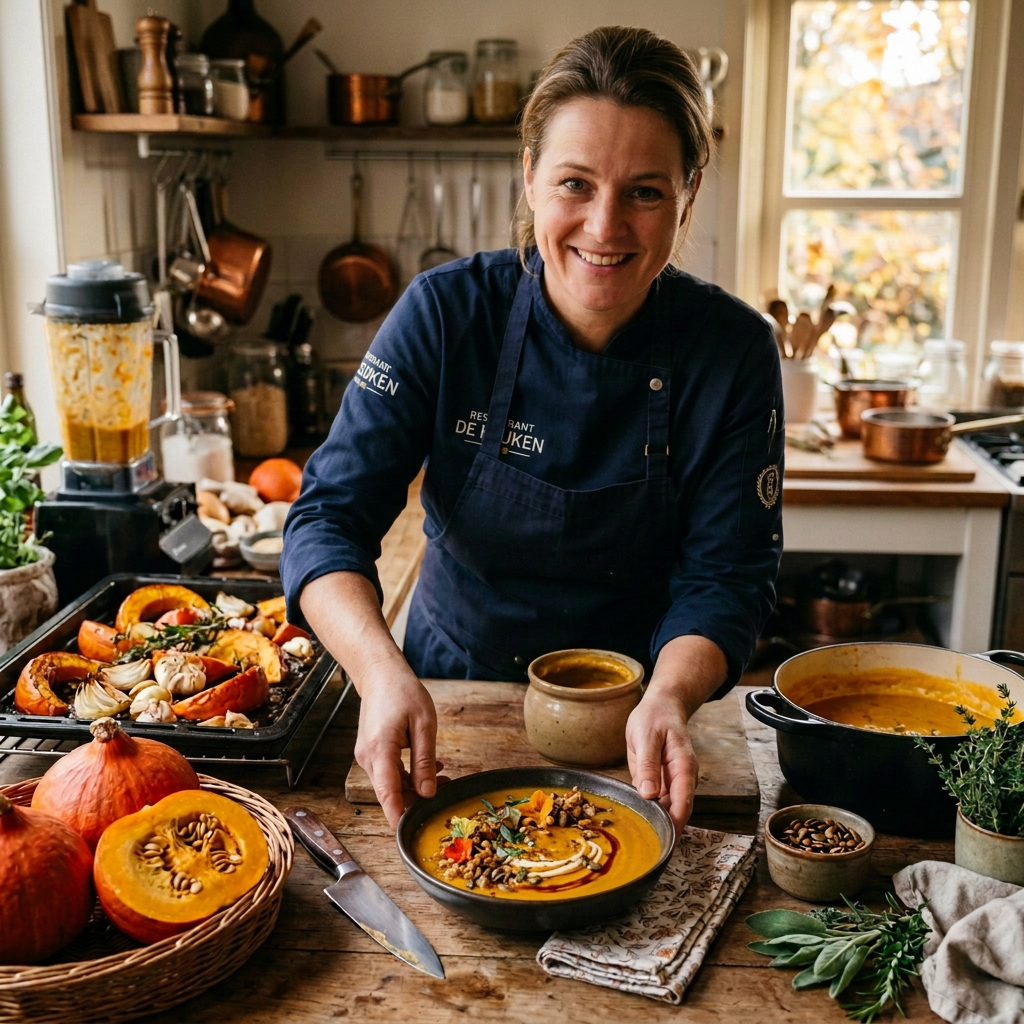 Smiling chef ladling pumpkin soup beside pumpkins and roasted vegetables