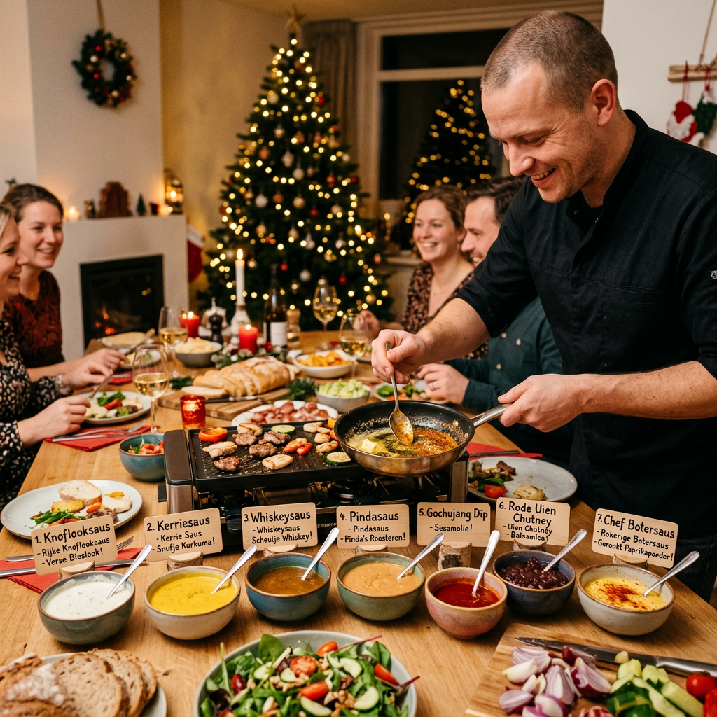 Chef cooking at Christmas dinner table with seven labeled sauces